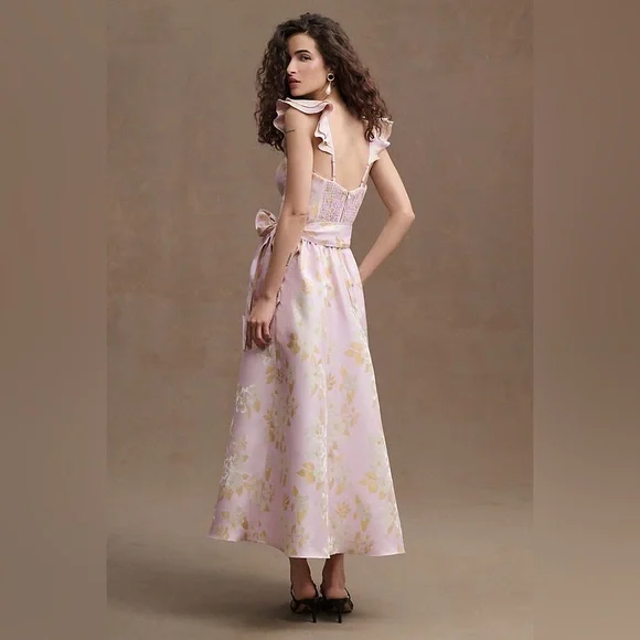 V. Chapman Vera Ruffle-Strap Corset Side-Slit Midi Dress Anthropologie